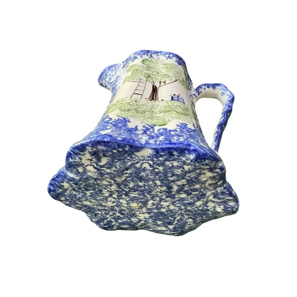 VTG Molly Dallas Blue Spatterware Ohio Folk Apple Tree Pitcher Wavy Handle 6.5